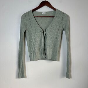John Galt Cardigan Womens One Size Sage Green Tie Front Pointelle Knit Cropped